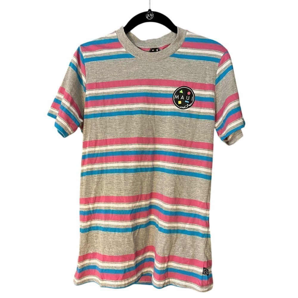 Maui and Sons Retro Striped T-Shirt Grey Summer Casual Surf Tee Size S E61